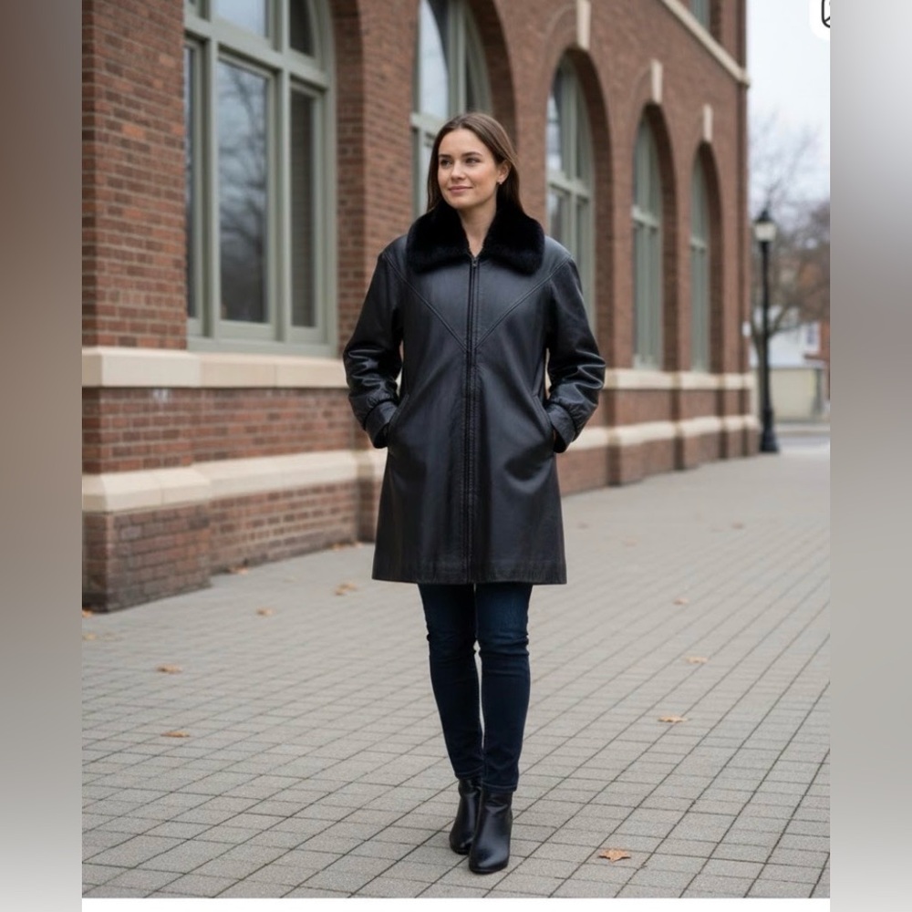 Chosen Couture Collection Natural Mink Removable Collar Black Leather Jacket M